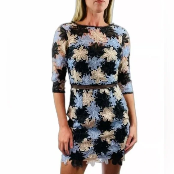 ANTHROPOLOGIE MINUET Women’s Blue and Black Floral Lace Mini Dress - Picture 6 of 15